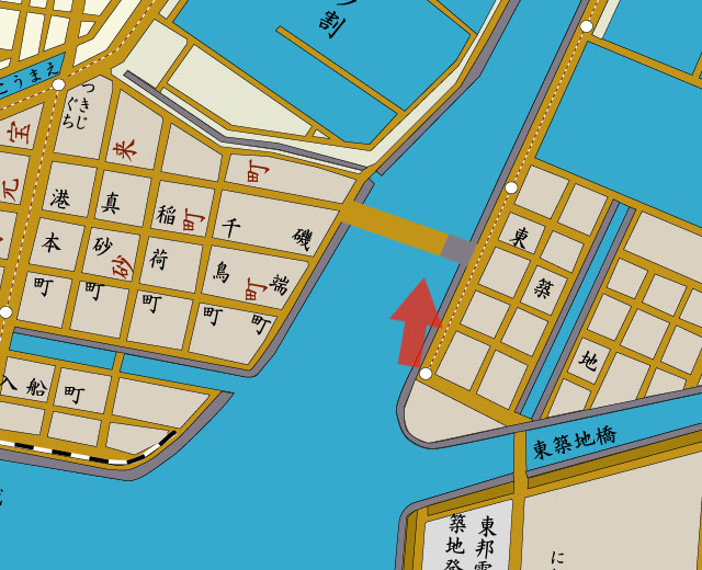 矢印の方向から港新橋を撮影