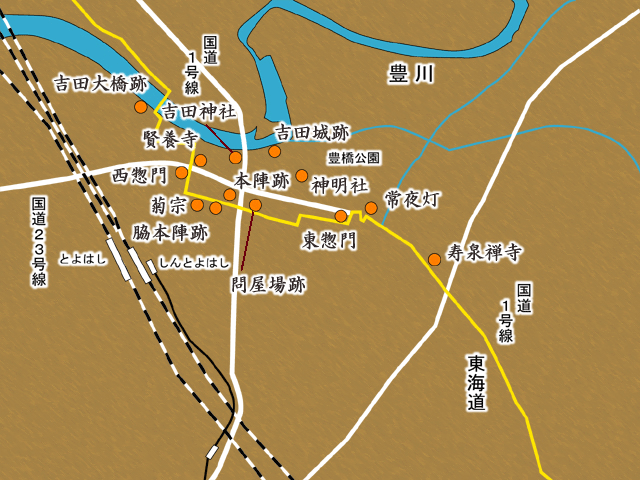 吉田宿周辺地図（黄線が東海道） 