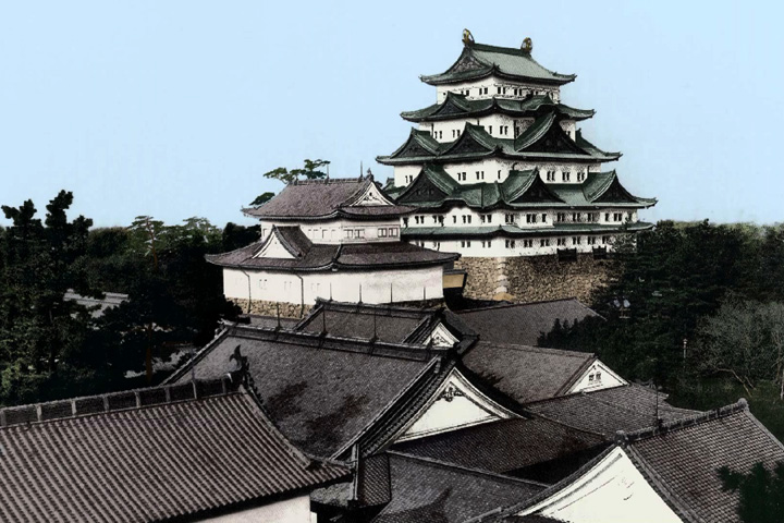 焼失前の名古屋城と本丸御殿(デジタル着色)