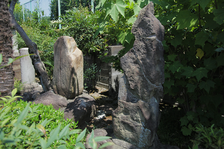 右が戦災後継ぎあわされた句碑、左が昭和24年に建立された新しい句碑