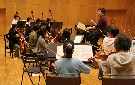 指揮者を囲む形で演奏する弦楽器のグループ