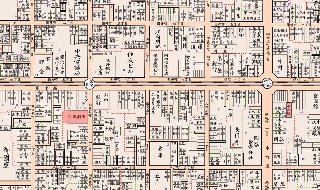 昭和8年の広小路通り。赤で表示しているのが中央館と千歳劇場。