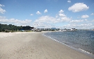 白い砂浜が広がるラグーナビーチ. 奥には観覧車などラグーナの施設が見える