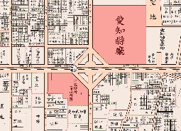 広小路を挟んで向かい合う中区役所(名古屋市役所跡)と愛知県庁(昭和8年地図)