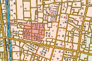 昭和8年の名古屋地図。薄桃色に色づけされている地域が大須の遊郭 旭廊があった場所